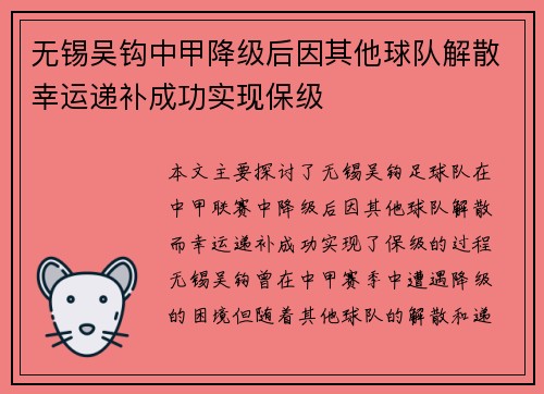 无锡吴钩中甲降级后因其他球队解散幸运递补成功实现保级