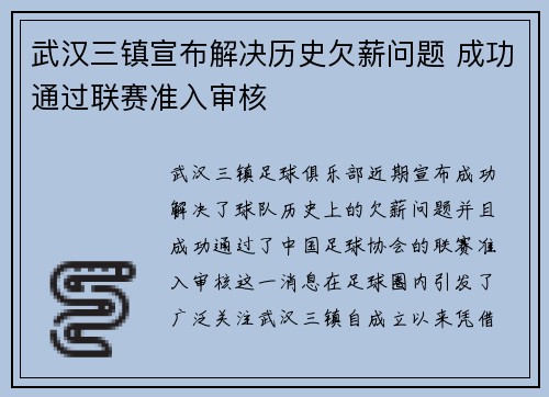 武汉三镇宣布解决历史欠薪问题 成功通过联赛准入审核