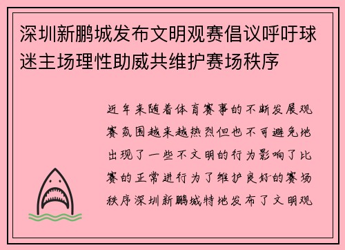 深圳新鹏城发布文明观赛倡议呼吁球迷主场理性助威共维护赛场秩序