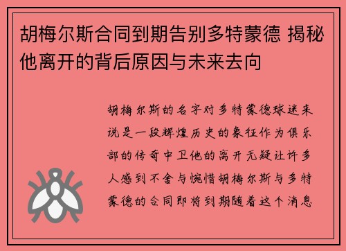 胡梅尔斯合同到期告别多特蒙德 揭秘他离开的背后原因与未来去向